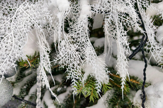 A decorated Christmas tree stands covered in snow. The tree has white accents and ornaments, creating a holiday atmosphere