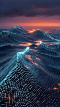 A mesmerizing digital landscape of glowing blue wireframe waves reflecting the warm hues of a dramatic sunset. ..Created with Generative AI, not depicting real subjects.