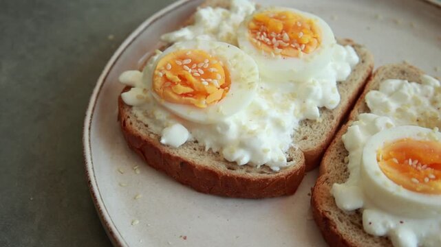 Healthy Toast with Cottage Cheese, Sliced Boiled Egg, and Sesame Seeds Close Up