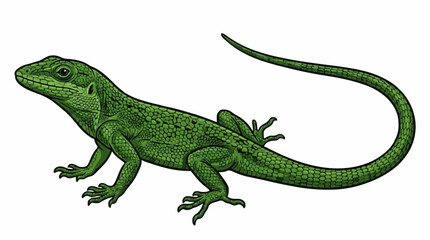 Fototapeta premium Realistic green lizard with detailed scales and long tail, nature wildlife, flat vector illustration, clean bold outlines, isolated on white background.