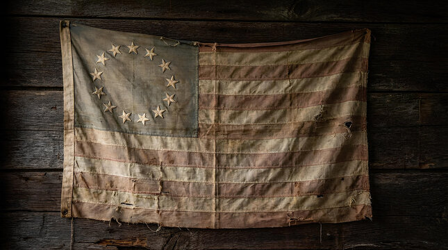 Vintage weathered American flag with thirteen stars.