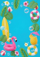 Fototapeta premium Summer Tropical Vacation Background with 3D Flamingo Floatie Surfboard Pineapple Cocktail and Beach Elements Frame