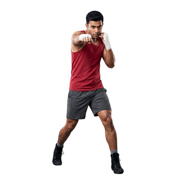 Focused Indian male boxer standing in active fighting stance with wrapped hands, png