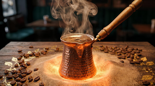 Turkish coffee brewing in copper cezve on hot sand.