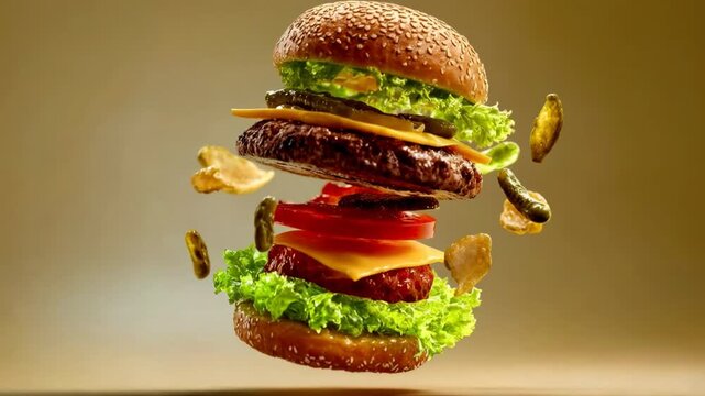 Delicious gourmet burger with fresh ingredients suspended in mid-air. Deconstructed hamburger with lettuce, tomato, cheese and pickles floats in a studio scene