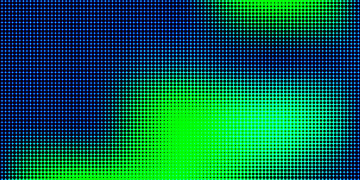 Green and blue halftone dots pattern background, glowing led dot matrix backdrop, futuristic digital light wave texture