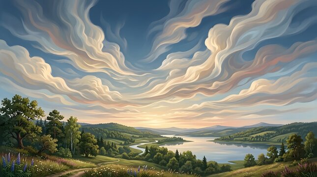 Stylized landscape painting of rolling hills and lake, dramatic swirling clouds at sunset, scenic nature background for web and print