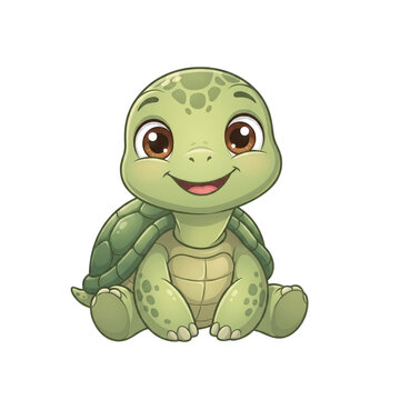 Cute green cartoon baby tortoise sitting with a friendly smile, png