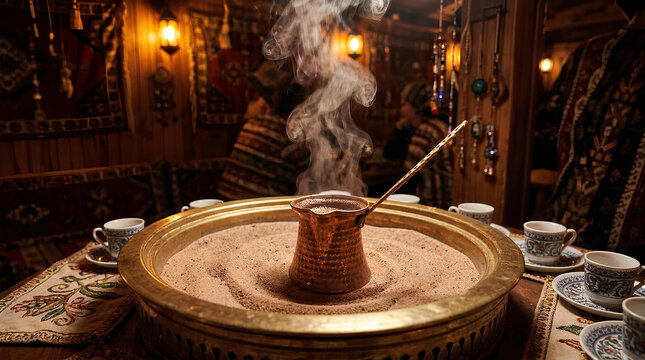 Traditional Turkish coffee brewing in hot sand pot.