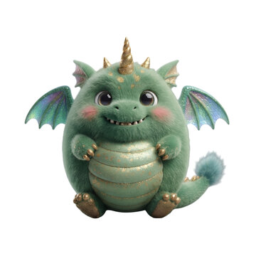 Cute chubby green dragon character with small wings and golden horn 3d rende, png