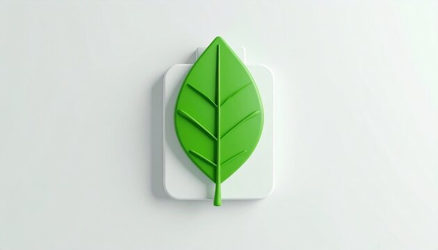 Green leaf icon on white square 3d render background