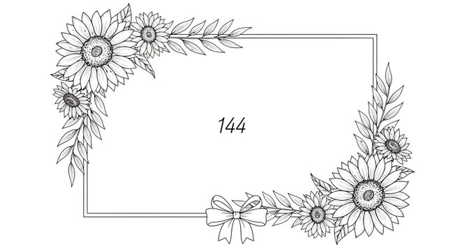 Decorative floral border frame with sunflowers and leaves in black and white illustration