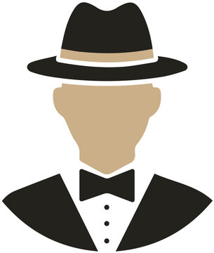 Faceless Man Avatar with Fedora Hat and Tuxedo Bowtie Isolated on Transparent Background PNG Vintage Gentleman Secret Agent Profile Icon