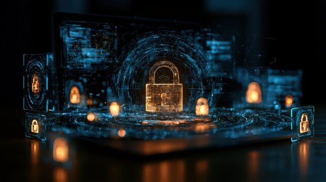 A digital illustration showing a secure network brand with connected devices floating in a tech-inspired grid, symbolizing cybersecurity and connectivity.