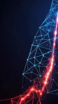 Abstract glowing network graph with a red glowing line charting an upward trajectory on a dark background, representing data flow and growth. ..Created with Generative AI, not depicting real subjects.