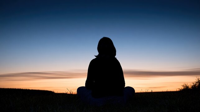 posture. A serene figure sits cross-legged against a gradient dawn sky, embodying tranquility and reflection. wellbeing guides, coaching materials, designed for coaching and self-improvement content.