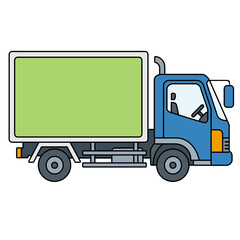 Flat vector illustration of a blue delivery truck with a green cargo box on white background © Absinvec