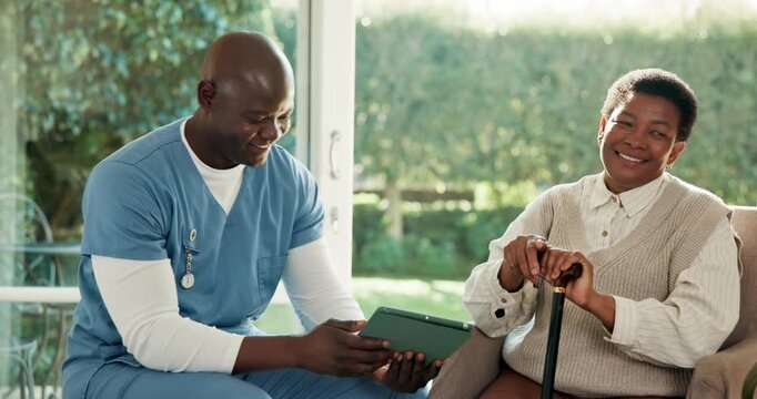 Caregiver, tablet and high five for woman with cane, rehabilitation and great medical test results. Happy, nurse and mature black person in home with tech, walking stick and celebration for healing.
