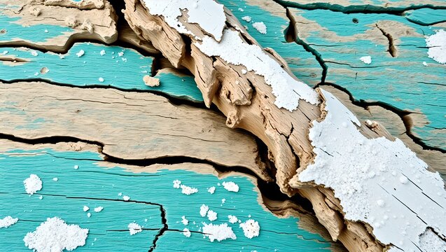 Weathered Driftwood Texture with Peeling Teal Paint and Sea Salt Crust Background
