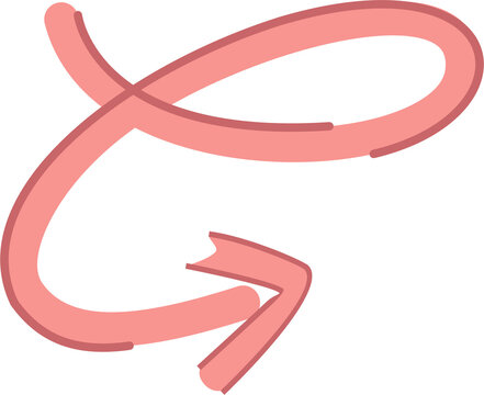 Pink hand drawn curved arrow with loop, sketchy doodle direction pointer symbol for web and design, isolated on white background, playful brush stroke style vector.