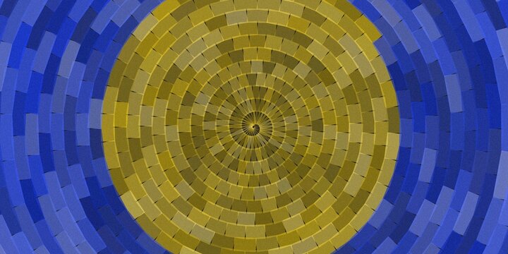 Concentric circles of blue and yellow blocks, abstract background.