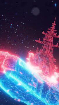 A futuristic, glowing wireframe render of a colossal spaceship floats majestically amidst a star-studded nebula. ..Created with Generative AI, not depicting real subjects.