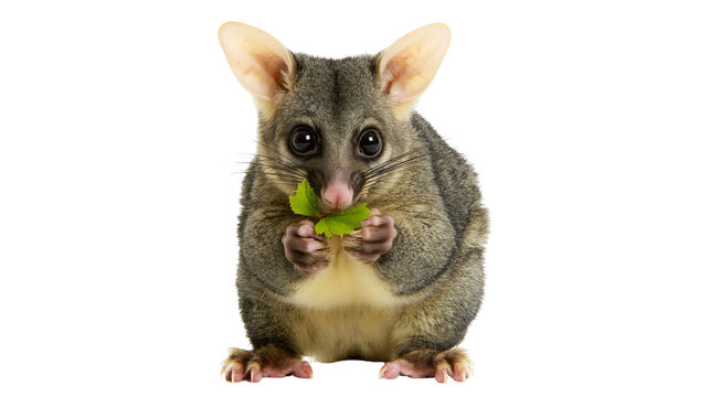 Cute possum eating a green leaf with its paws