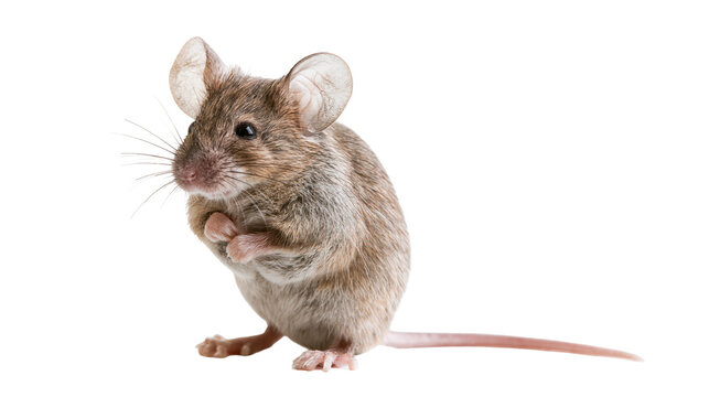 Small brown mouse with large ears standing on hind legs