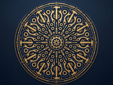 Circular mandala pattern made of worker tools in gold and navy blue, symmetrical, modern minimalist, elegant and symbolic