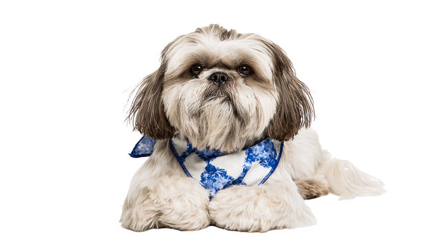 Shih Tzu dog wearing a blue and white patterned bandana