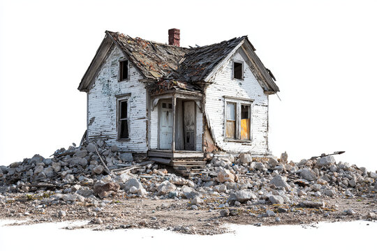 Small destroyed house turned into rubble and concrete debris, disaster damage, isolated on transparent background
