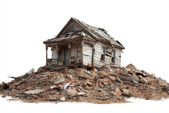 Small destroyed house turned into rubble and concrete debris, disaster damage, isolated on transparent background