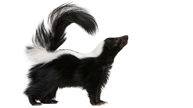 Black and white skunk with bushy tail raised