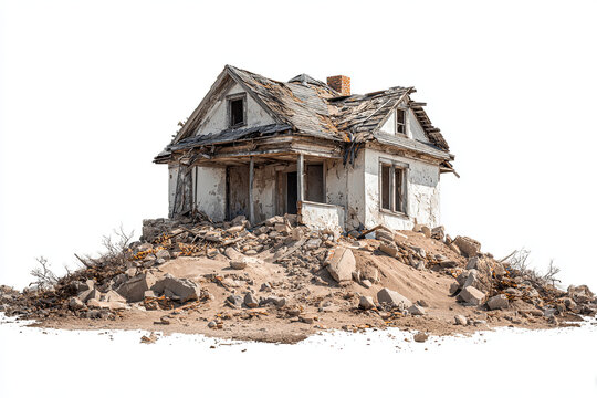 Small destroyed house turned into rubble and concrete debris, disaster damage, isolated on transparent background
