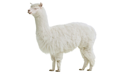 Obraz premium White alpaca with fluffy wool standing profile view