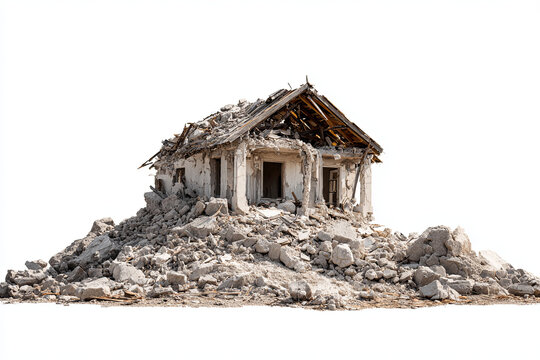 Small destroyed house turned into rubble and concrete debris, disaster damage, isolated on transparent background