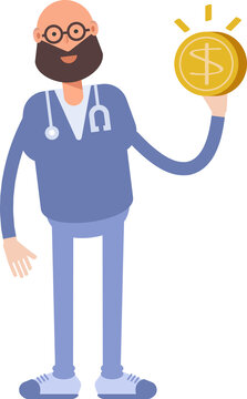 Male Physician Character Holding Dollar Coin

