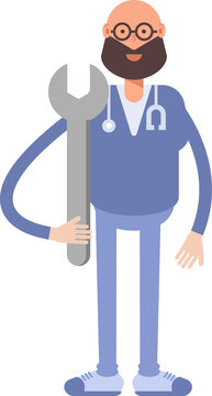 Male Physician Character Holding Wrench
