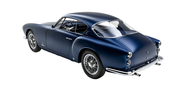 Classic dark blue coupe car with chrome accents