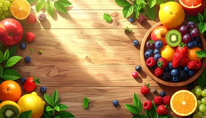 Fresh Mixed Fruits on Rustic Wooden Table Background with Copy Space © ae95369