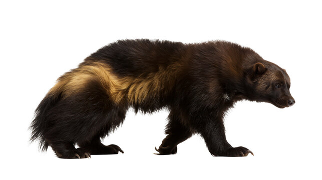 Wolverine animal with brown and tan fur walking profile