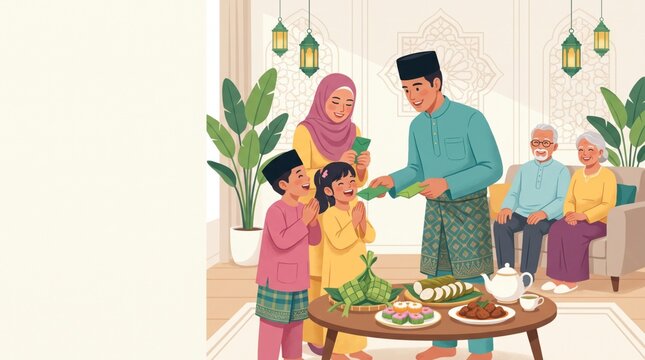 Traditional Malaysian Parents Giving Duit Raya Ceremony to Children During Hari Raya Aidilfitri
Happy Malay Muslim Family Celebration