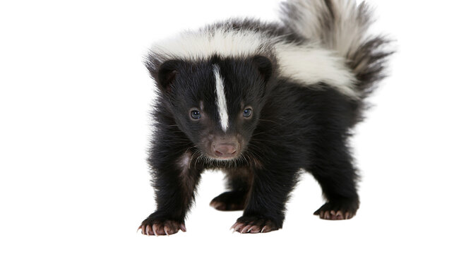 Baby skunk with black and white fur standing