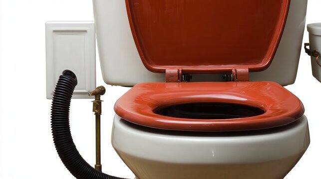 An unusual toilet design featuring a brown seat, ideal for plumbing articles, home renovation projects, or bathroom upgrades, It showcases functional aspects and aesthetics for modern interiors,