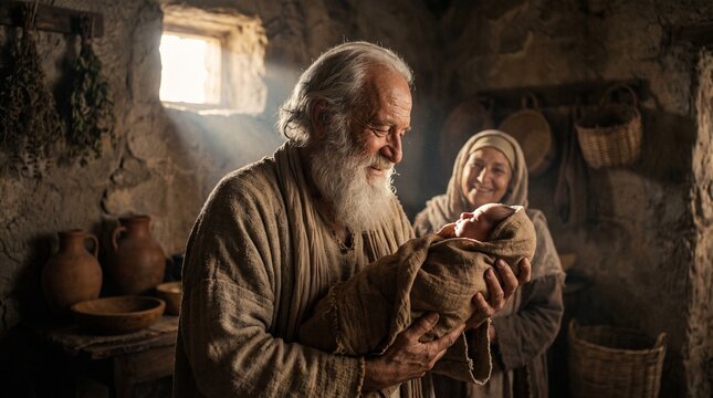 Miraculous Biblical Birth, Elderly Father Holding Newborn Infant with Joy and Faith, Historical Reenactment of Abraham or Zechariah