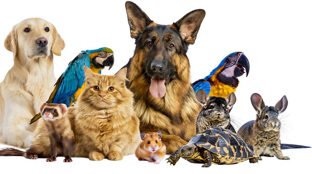 Group of diverse pets including dogs cat parrots ferret hamster chinchillas, and tortoise