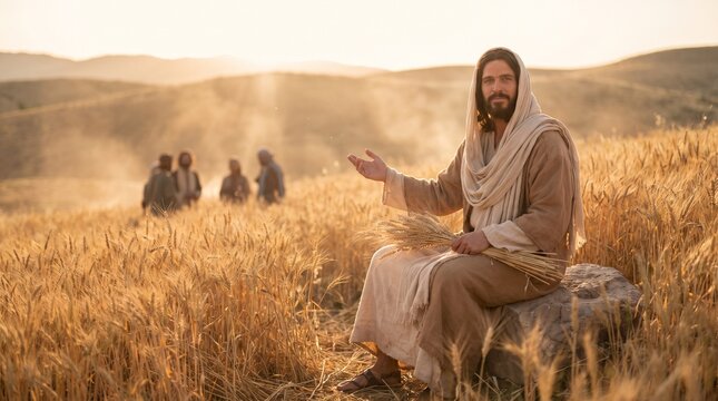 Jesus Christ Sitting in a Golden Wheat Field at Sunset, Biblical Scene Representing the Parable of the Sower and the Harvest