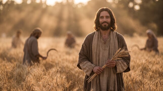 Jesus Christ Standing in a Golden Wheat Field Holding Wheat Stalks, Biblical Parable of the Harvest and Sower in Ancient Israel