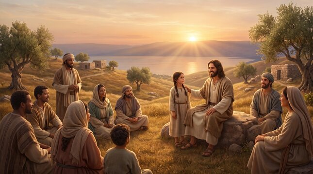 Jesus Christ Teaching a Little Child and Followers on a Hillside at Sunset, Biblical Scene Near the Sea of Galilee