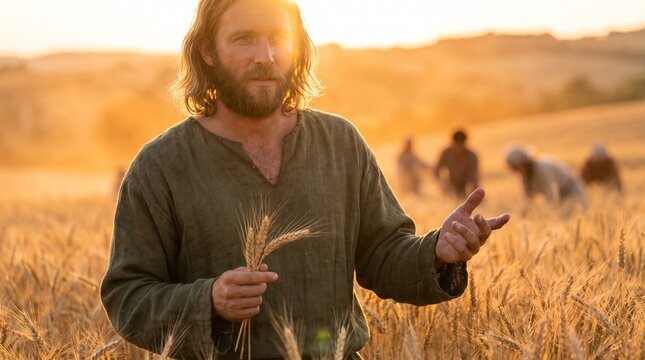 Biblical Parable of the Sower, Jesus Christ Gesturing in a Golden Wheat Field During Harvest Time at Sunset